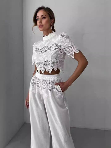 Collar Short-Sleeved Lace Top + Tight Waist Tie With Lace Spliced Wide Leg Trousers Set Woman